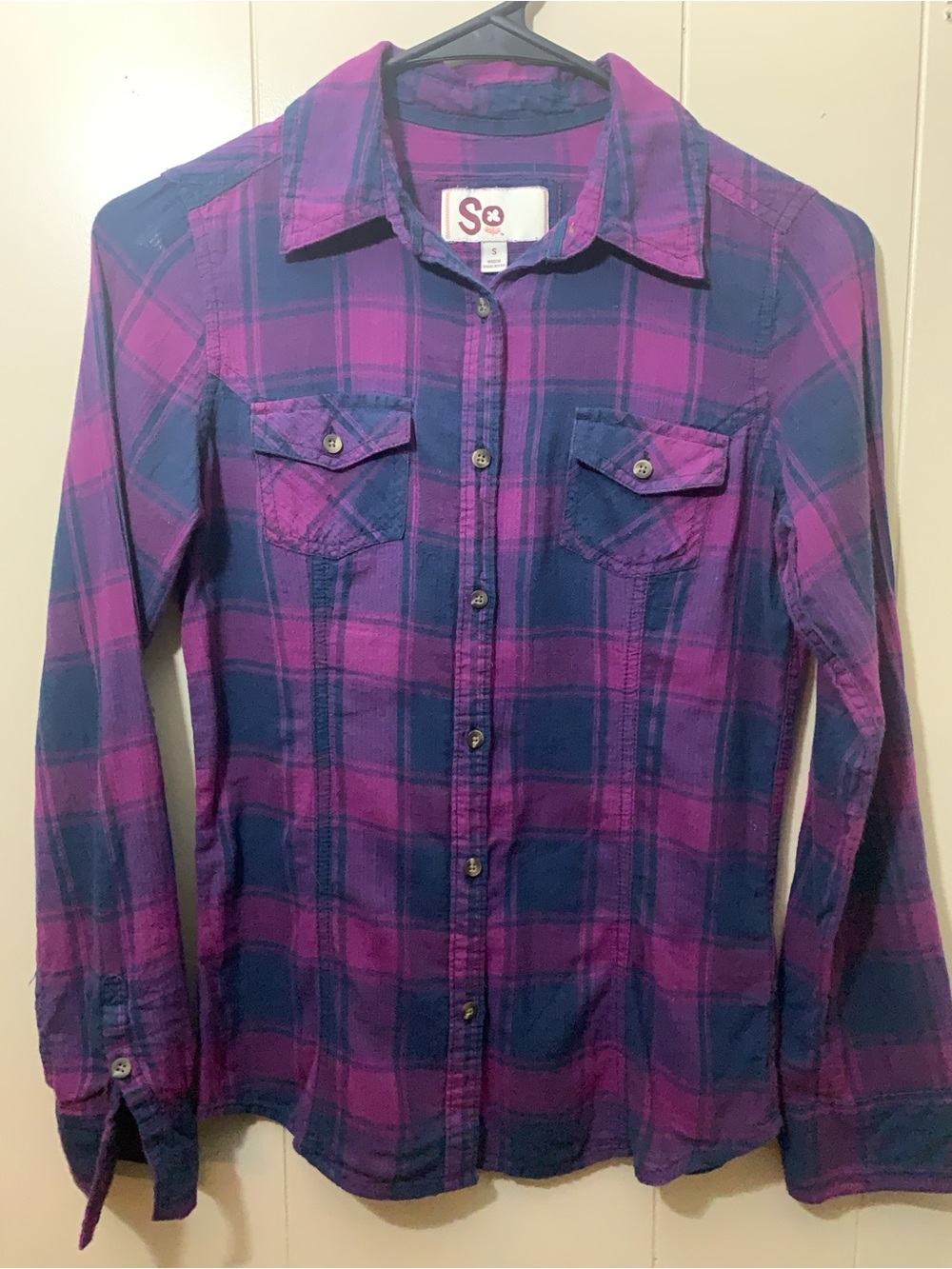 Juniors Small So® Purple and Navy Plaid Button-Up Shirt